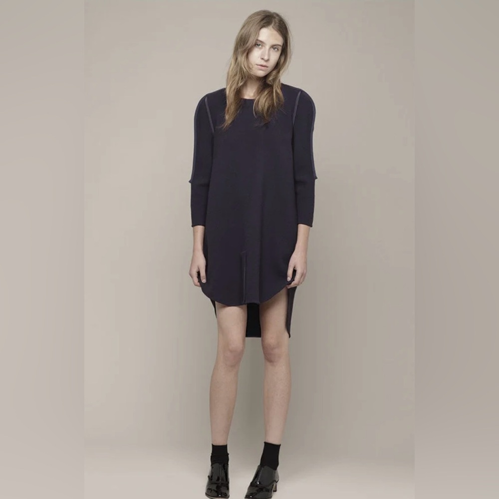 3.1 Philip Lim Navy Shift Dress Virgin Wool Silk Edge, Size 4